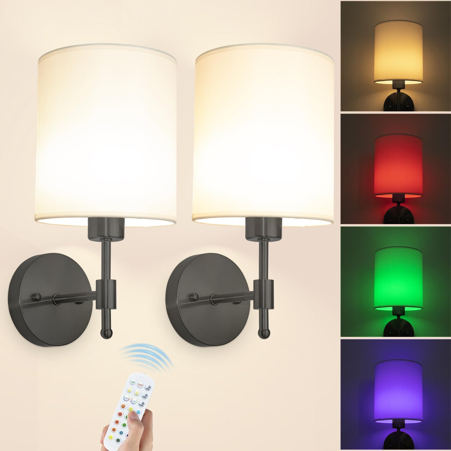 Battery Operated Wall Sconces Set of 2, Rechargeable Gold Wall Sconce with Remote Control, 12 Colors RGB Magnetic Bulb, Wireless Battery Wall Lamp for Bedroom Living Room Hallway