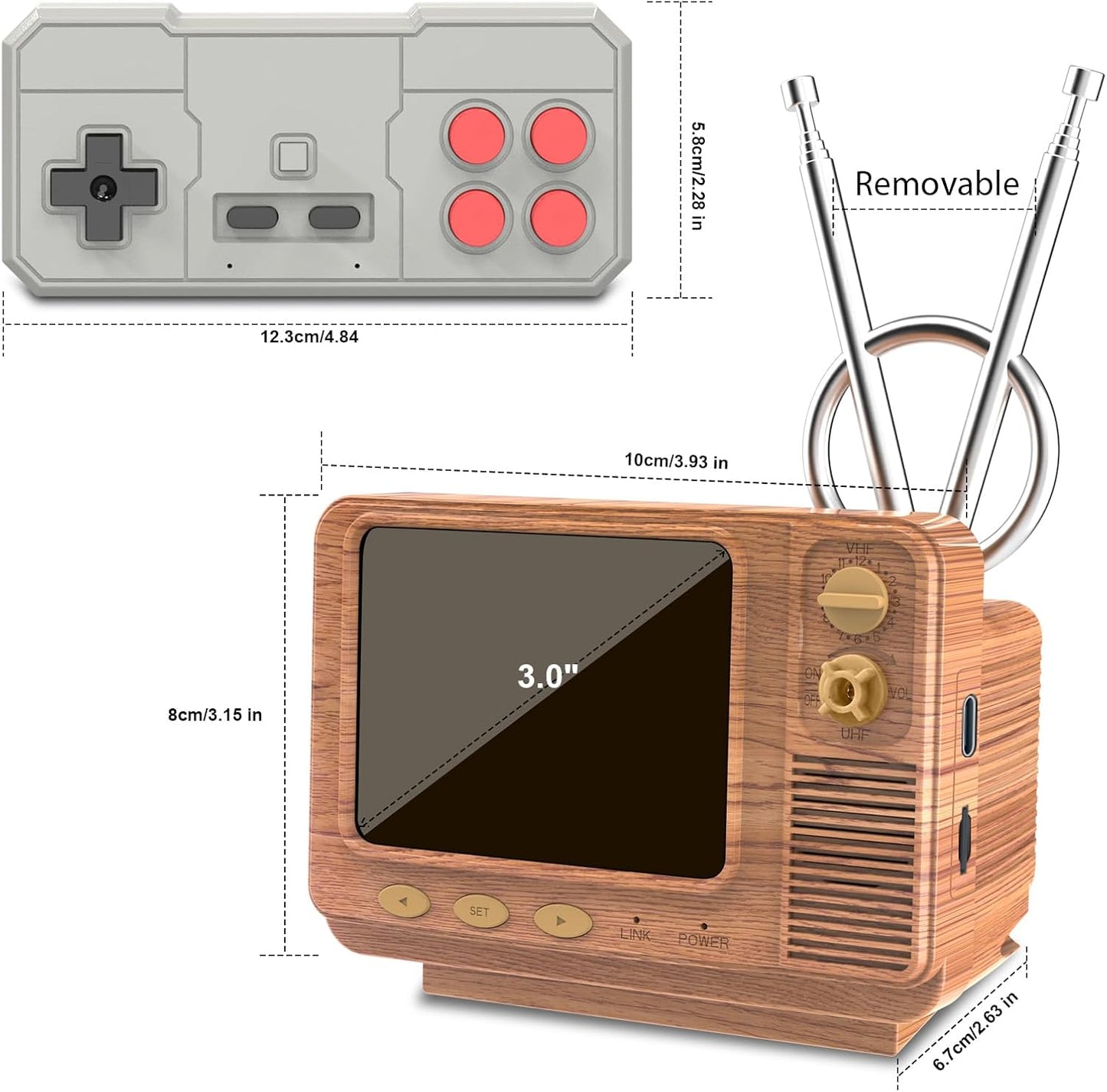 Mini TV Retro Handheld Game Console -JALECO Licensed Classic Games, Portable Gaming Toy with TF Card to Expand 80s 90s Games, Support Two Players & Game Save, Ideal Gift for Boys Girls (Wood)