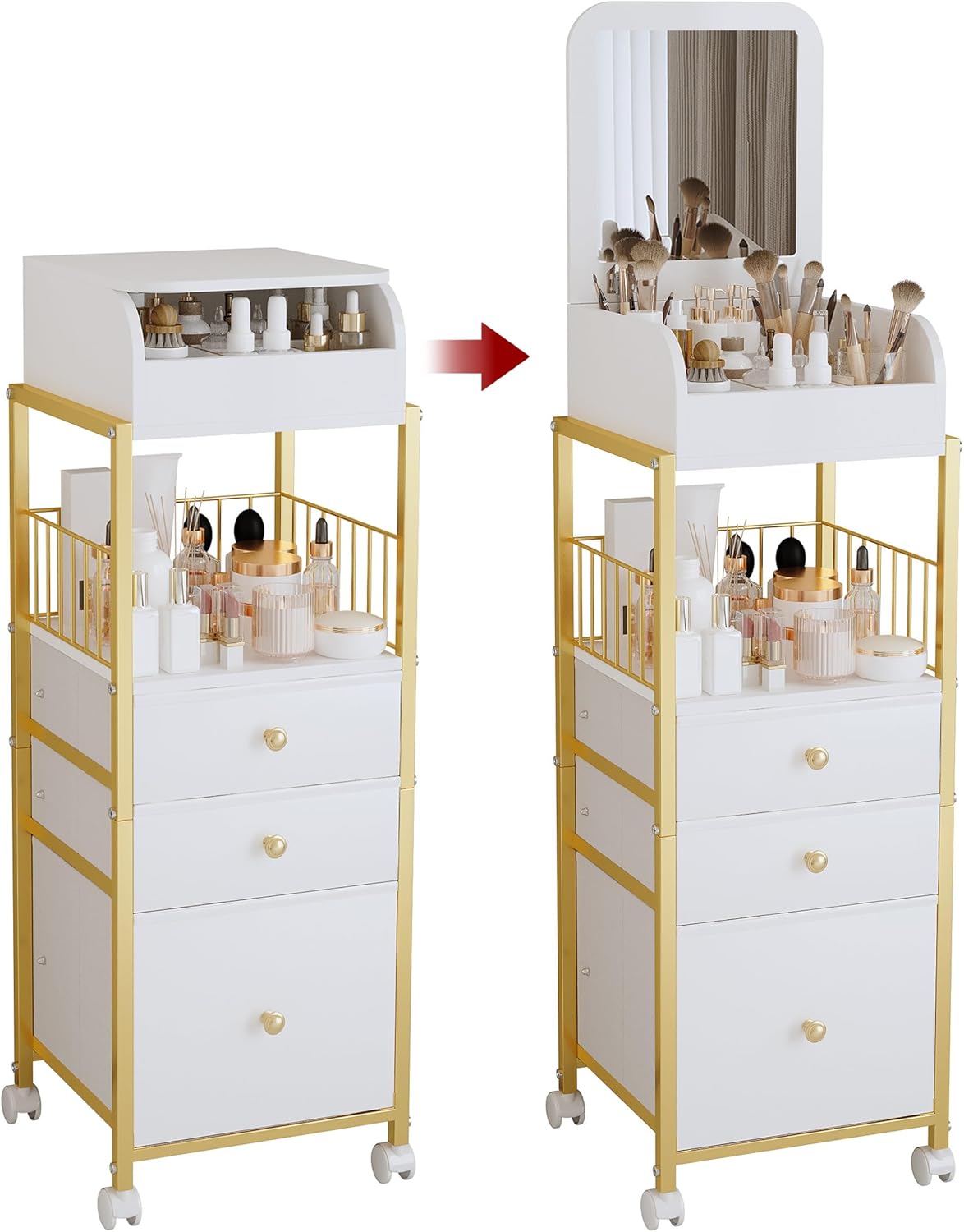 Makeup Cart Organizer with Mirror, Floor Makeup Organizer Large- Make Up Organizers Vanity Cart Cosmetic Display Cases Holder for Skin Care Perfume Nail Polish Brush Hair Tool (Gold)
