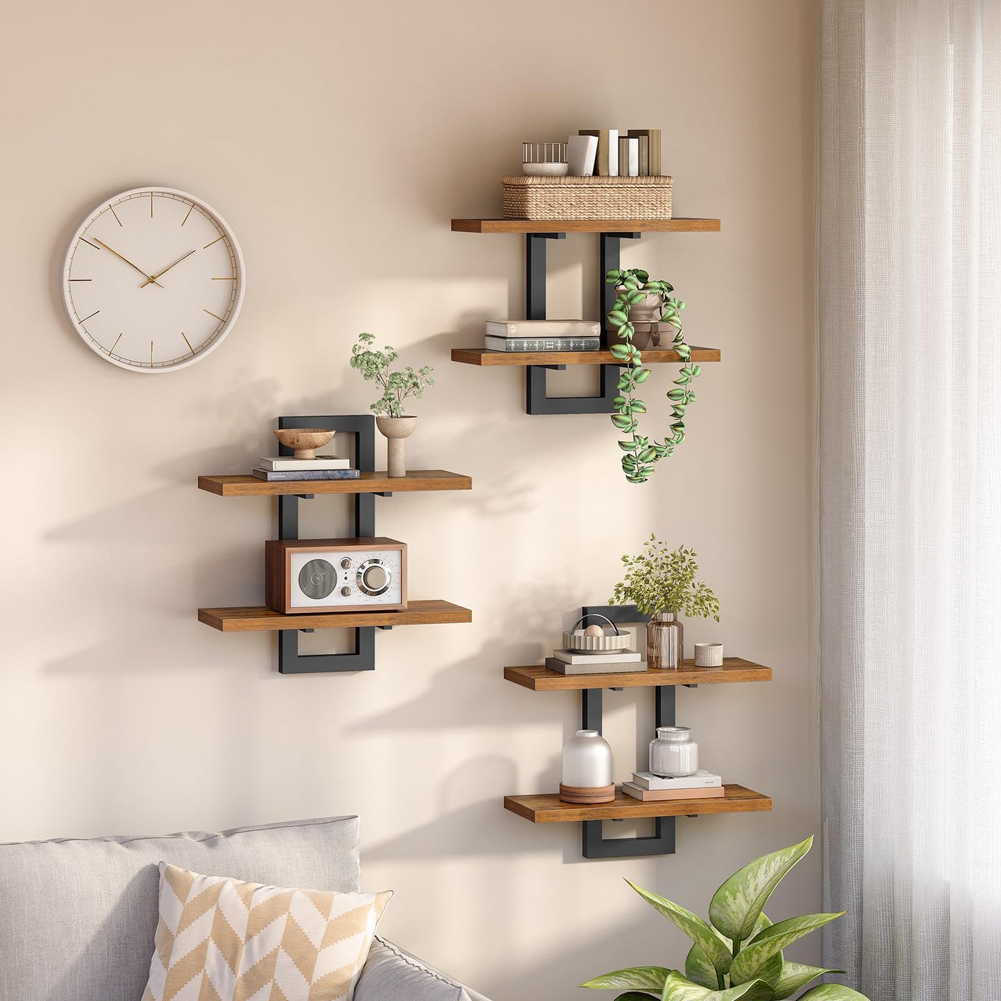 HOOBRO Floating Shelves, 15 Inch Wall Shelf Set of 2, Wall Mounted Storage Shelves 2-Tier, Hanging Bathroom Shelves, for Living Room, Bedroom, Bathroom, Kitchen, Rustic Brown and Black BF32BJ01