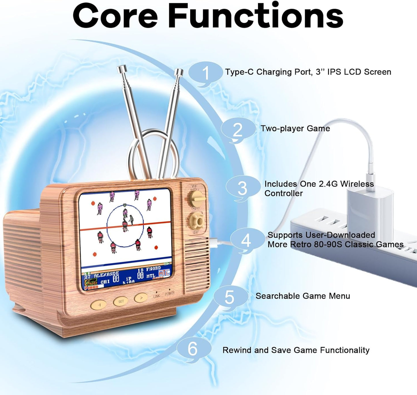 Mini TV Retro Handheld Game Console -JALECO Licensed Classic Games, Portable Gaming Toy with TF Card to Expand 80s 90s Games, Support Two Players & Game Save, Ideal Gift for Boys Girls (Wood)
