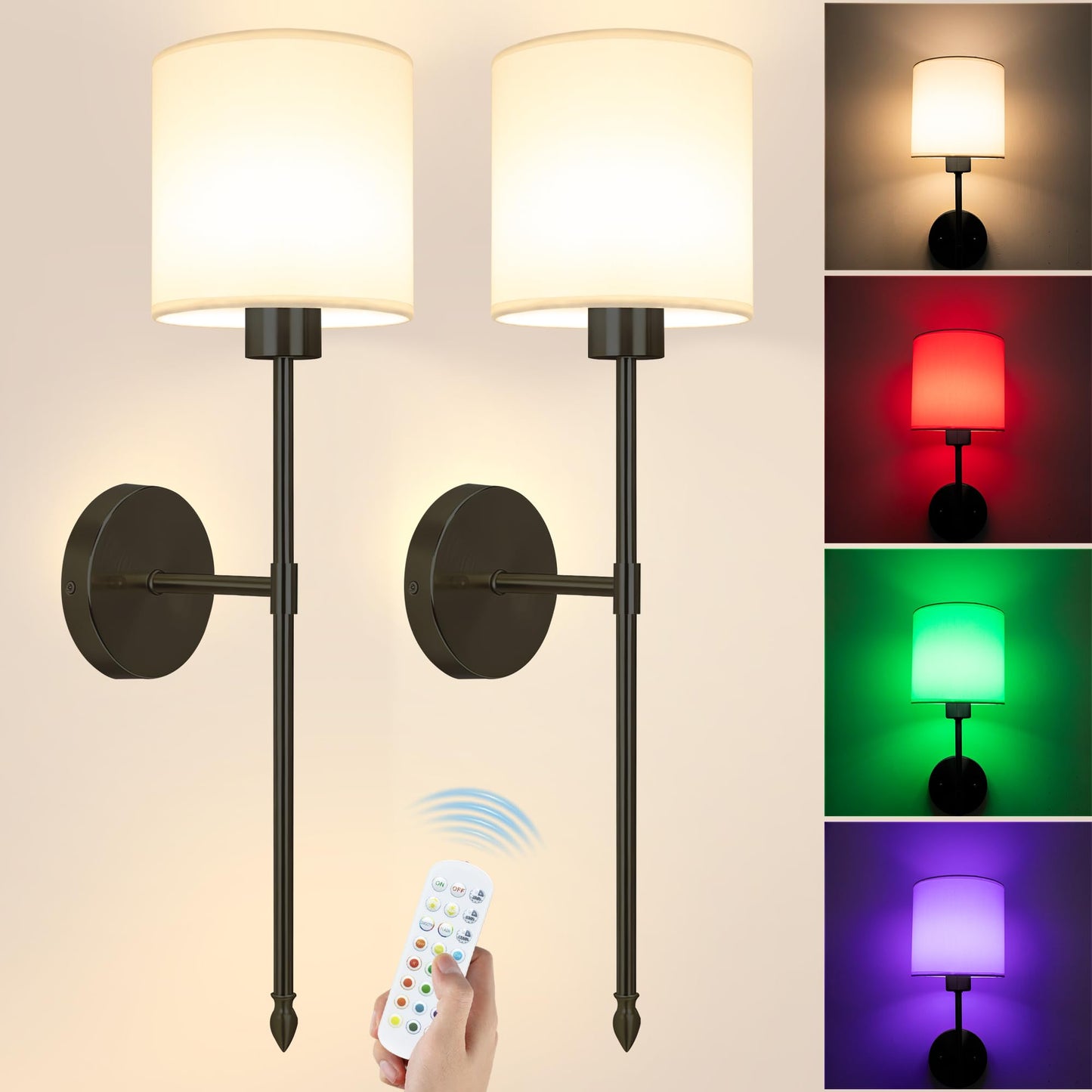 Battery Operated Wall Sconces Set of 2, Rechargeable Gold Wall Sconce with Remote Control, 12 Colors RGB Magnetic Bulb, Wireless Battery Wall Lamp for Bedroom Living Room Hallway