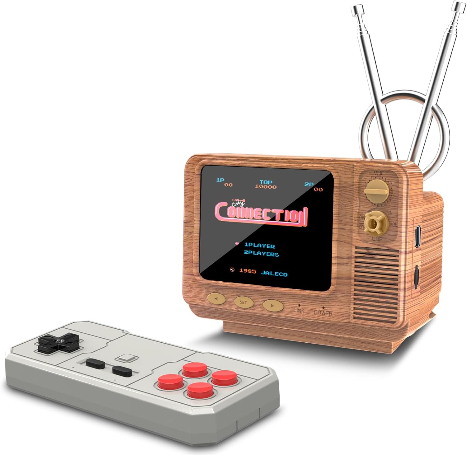 Mini TV Retro Handheld Game Console -JALECO Licensed Classic Games, Portable Gaming Toy with TF Card to Expand 80s 90s Games, Support Two Players & Game Save, Ideal Gift for Boys Girls (Wood)