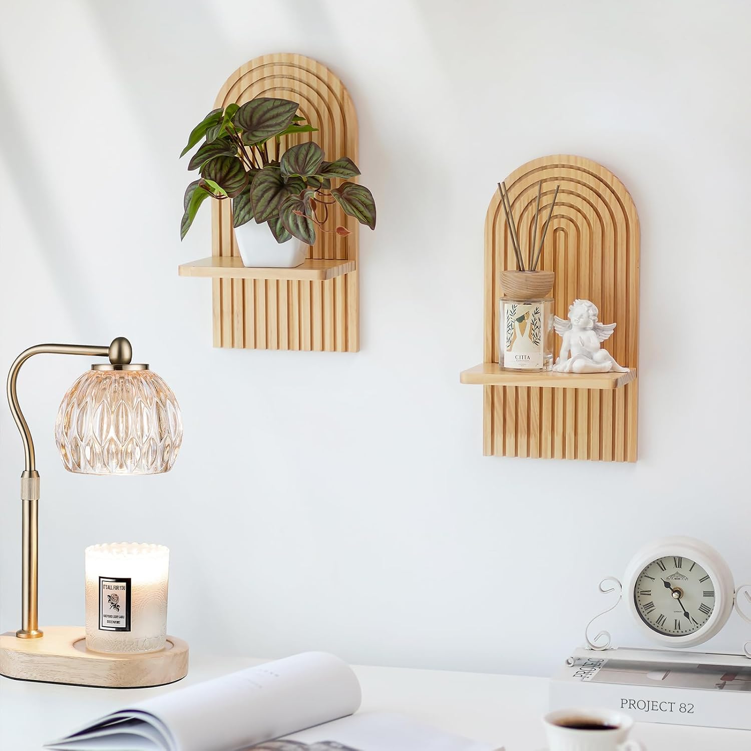 Boho Wall Decor Set of Two - Natural Modern Minimalist Mid Century Wall Candle Holder for Living Room - Wood Bohemian Decor for Bathroom Nursery Bedroom