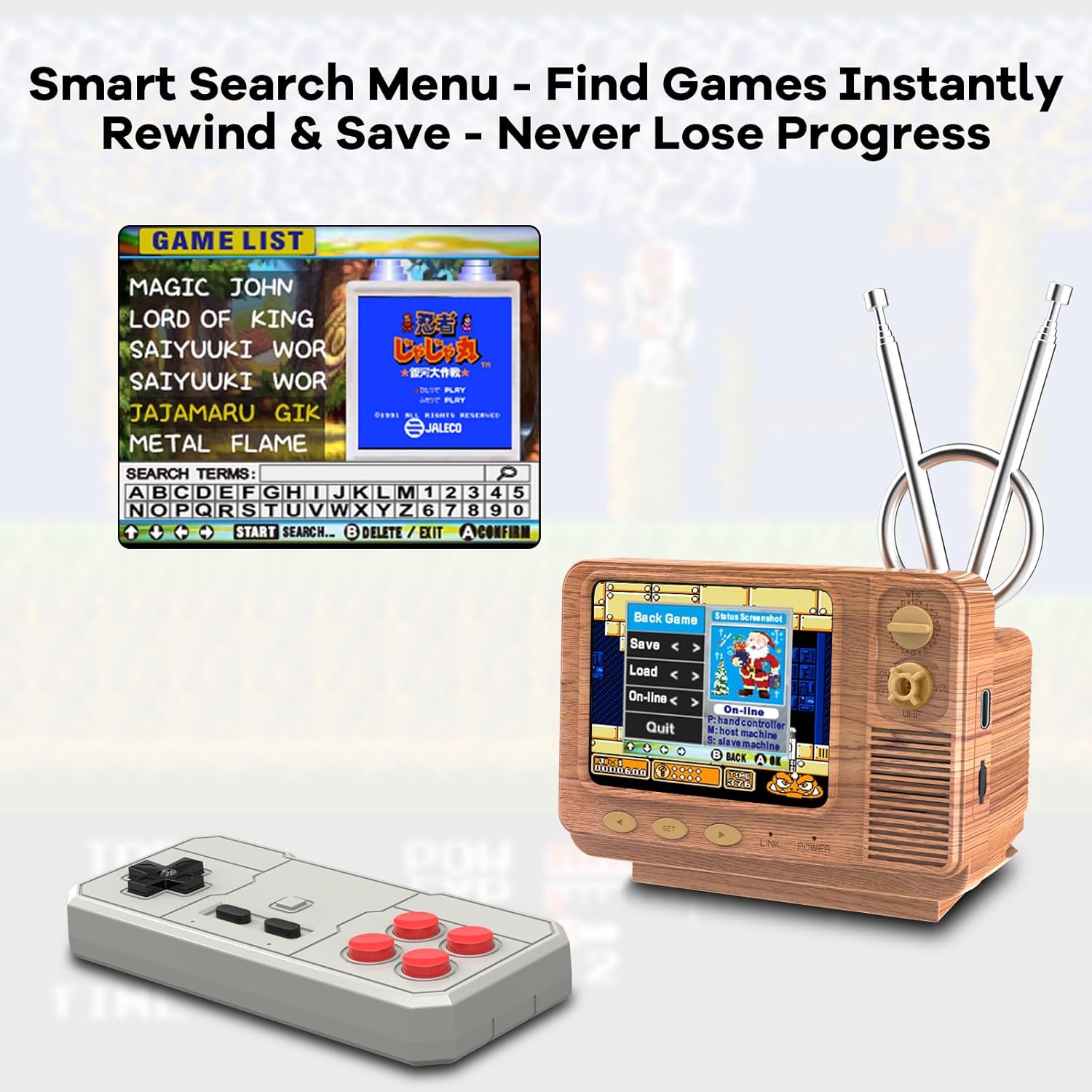 Mini TV Retro Handheld Game Console -JALECO Licensed Classic Games, Portable Gaming Toy with TF Card to Expand 80s 90s Games, Support Two Players & Game Save, Ideal Gift for Boys Girls (Wood)