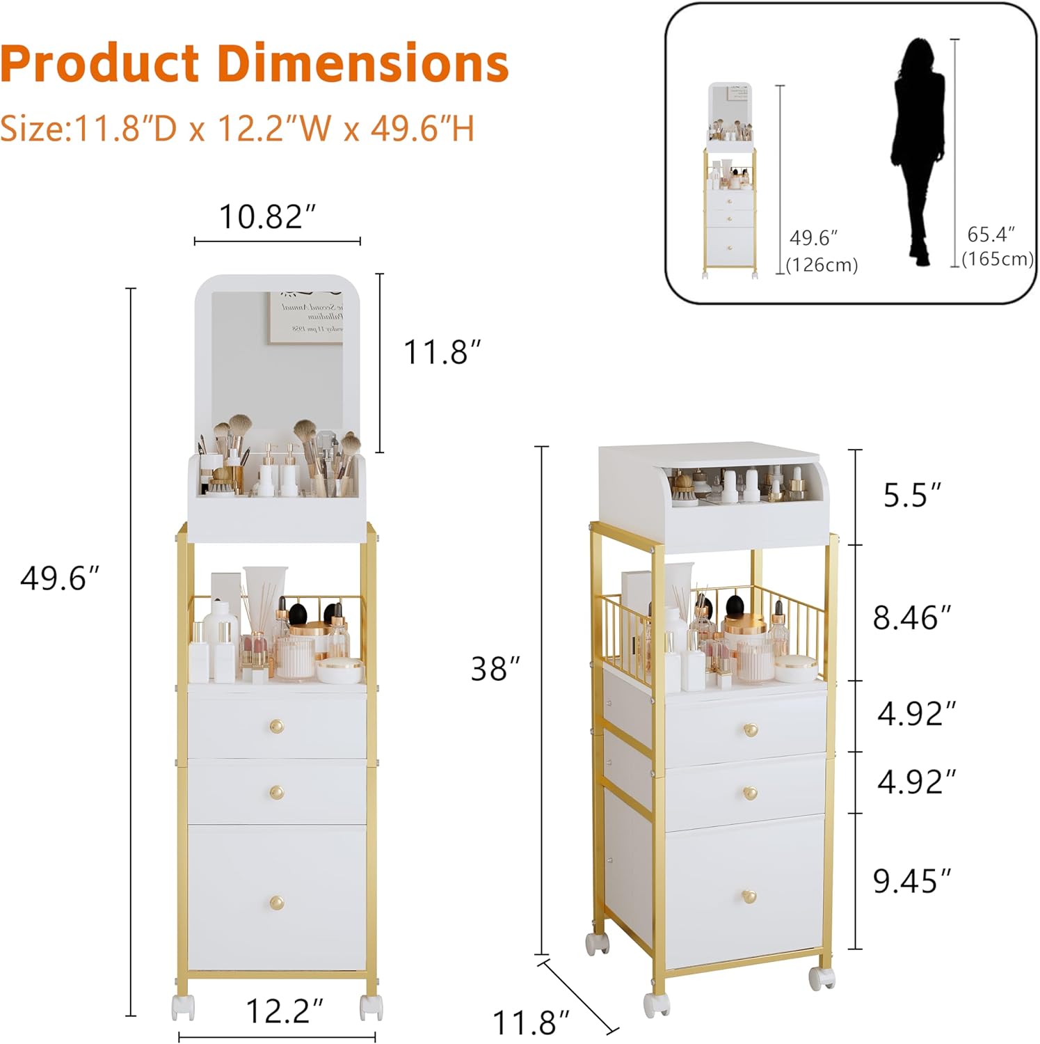 Makeup Cart Organizer with Mirror, Floor Makeup Organizer Large- Make Up Organizers Vanity Cart Cosmetic Display Cases Holder for Skin Care Perfume Nail Polish Brush Hair Tool (Gold)