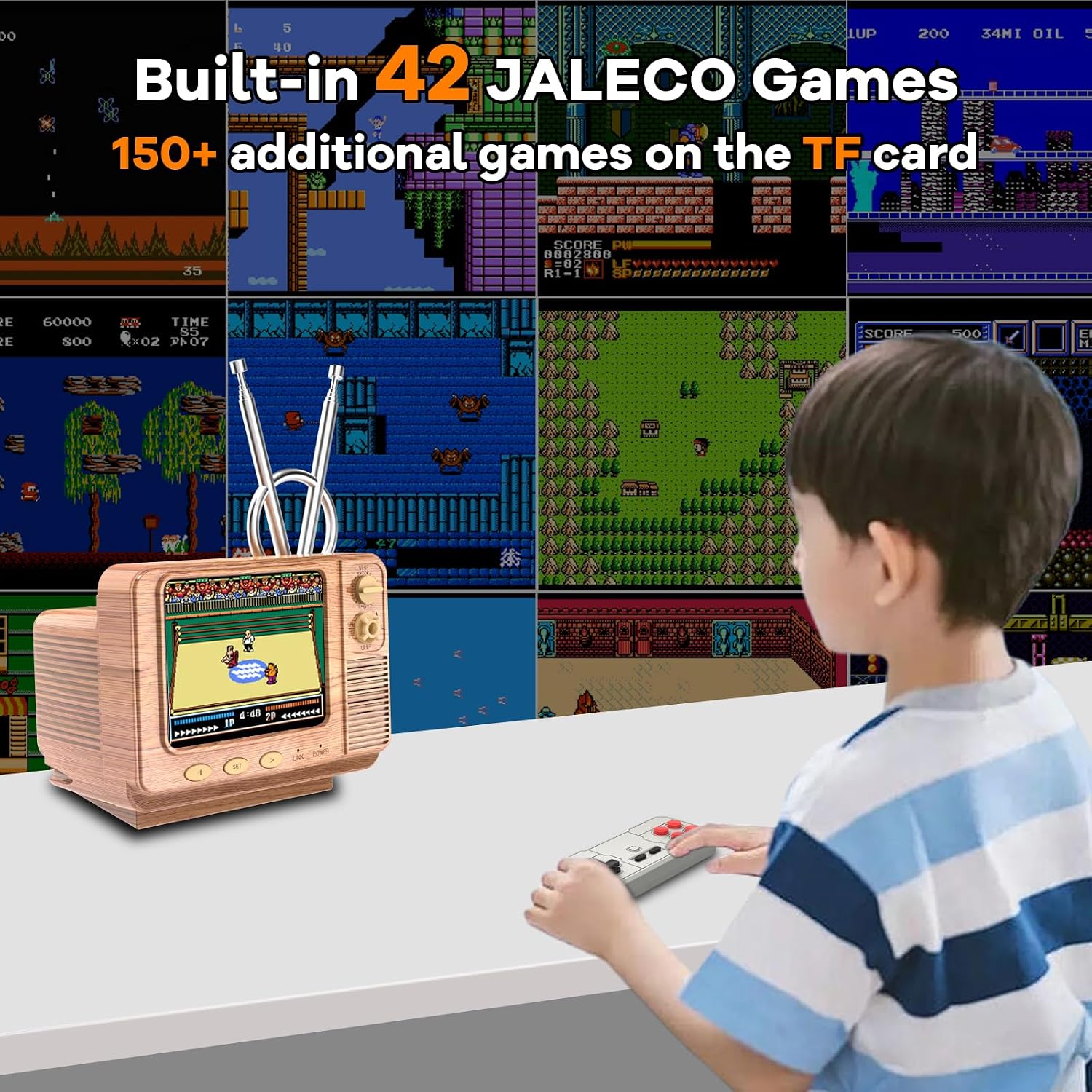 Mini TV Retro Handheld Game Console -JALECO Licensed Classic Games, Portable Gaming Toy with TF Card to Expand 80s 90s Games, Support Two Players & Game Save, Ideal Gift for Boys Girls (Wood)