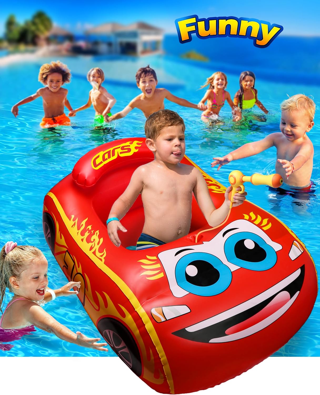 HopeRock Kids Pool Float with Water Gun - Inflatable Ride-on Swimming Toy for Boys Aged 3-8, Summer Fun (Red)